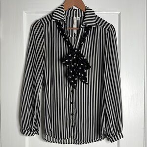 Nordstrom Black and White Striped Button-Down Blouse with Polka Dot Tie
